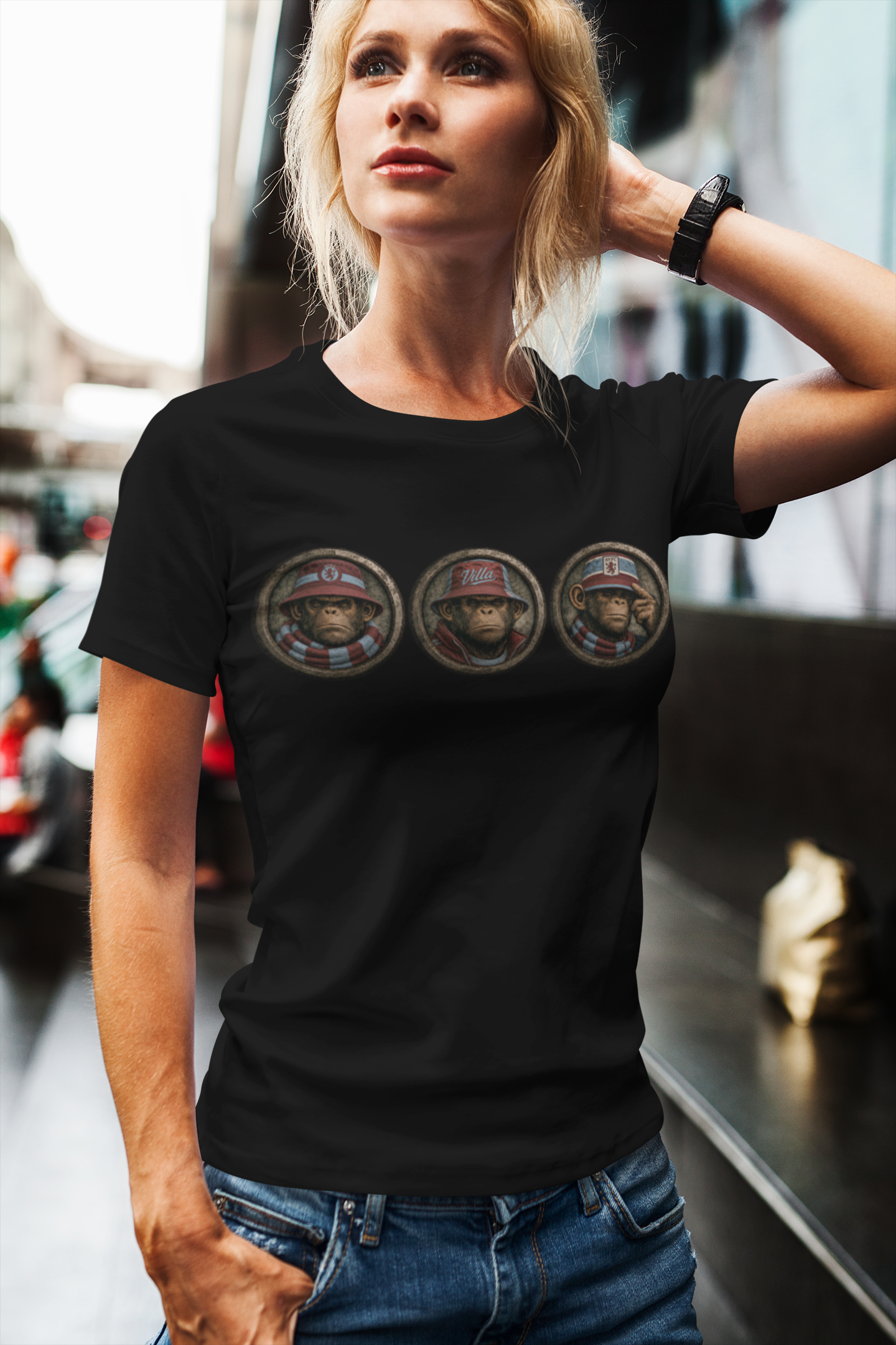 On The Terrace Northern Monkeys black graphic t-shirt featuring retro Aston Villa claret and blue inspired terrace casuals artwork.