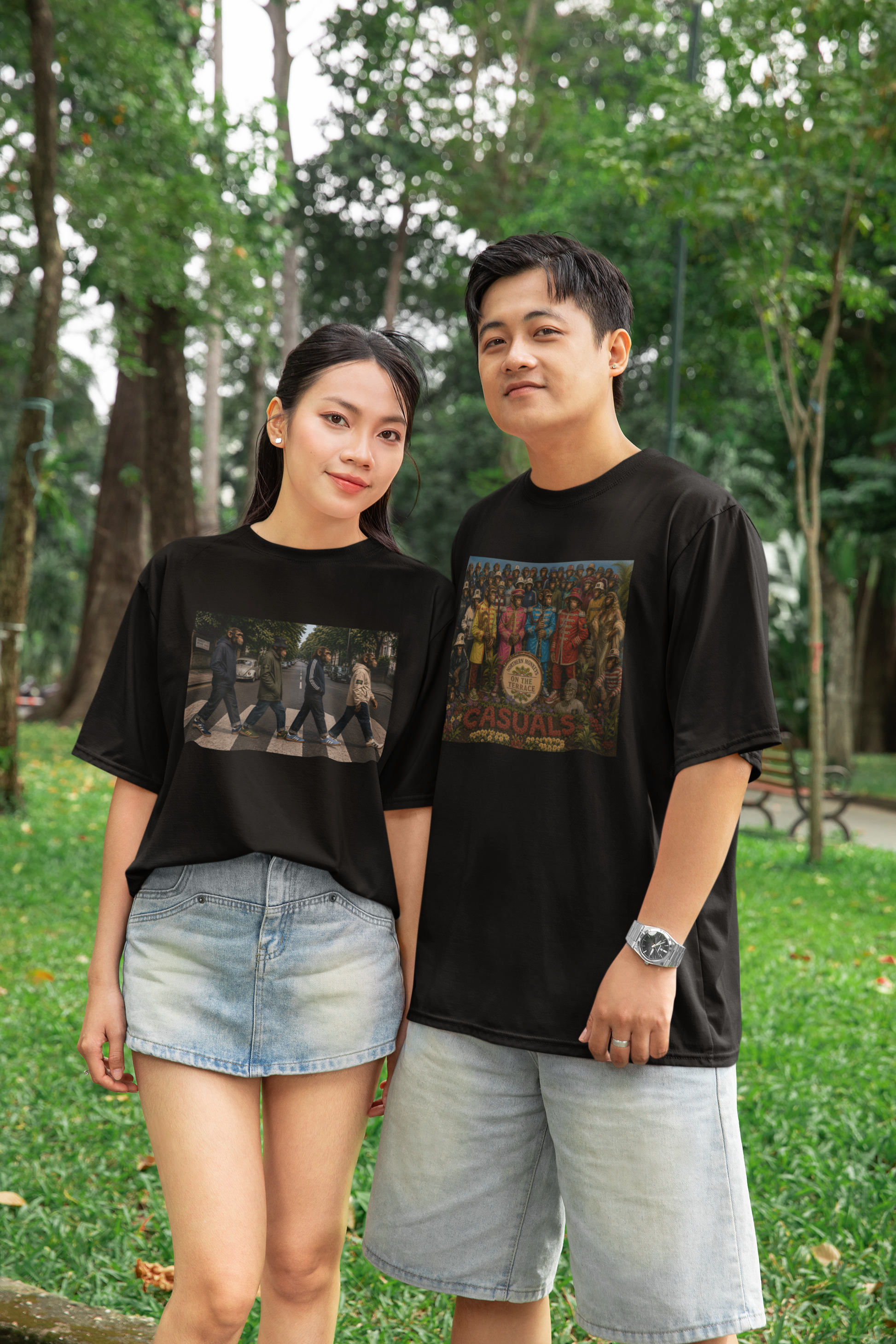 Couple wearing black graphic T-shirts in an outdoor lifestyle mockup