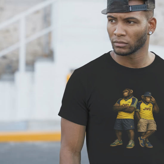 On The Terrace Northern Monkeys black graphic t-shirt featuring retro Arsenal yellow and navy inspired terrace casuals artwork.