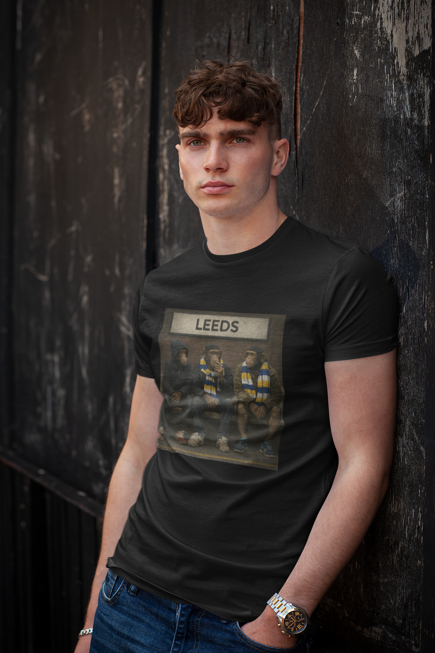 A young man wearing a black crewneck Leeds t-shirt with a vintage-style graphic of football players and the word 'LEEDS' on the chest, leaning against a dark wooden wall.