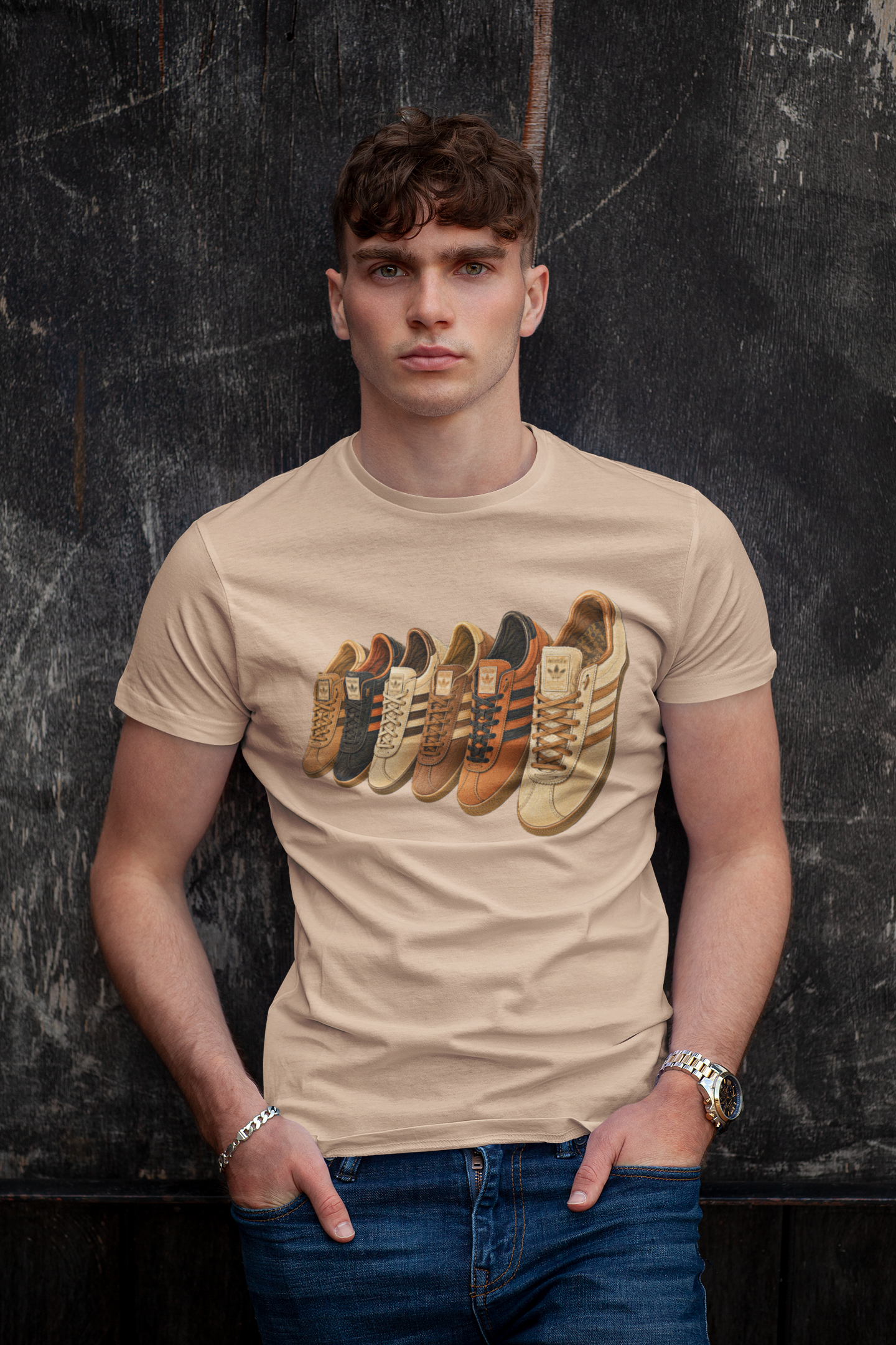 A man wearing a beige crewneck t-shirt with a graphic of vintage sneakers across the chest, paired with blue jeans, standing against a dark textured wall.