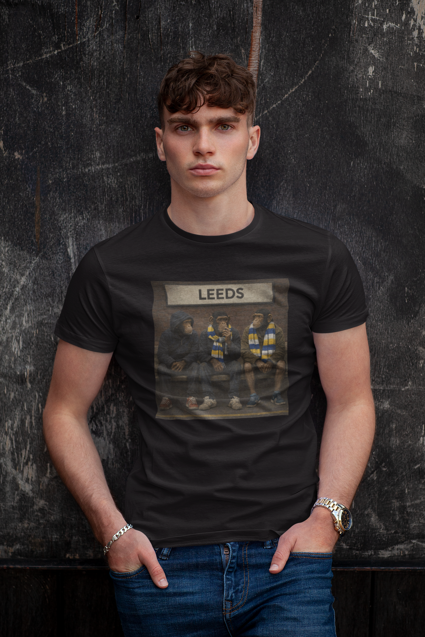 A man wearing a black graphic Leeds t-shirt with a Leeds band print, paired with blue jeans, standing against a dark textured wall.