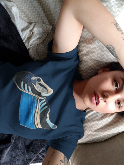 Navy blue retro sneaker graphic t-shirt with vintage trainer and shoebox print