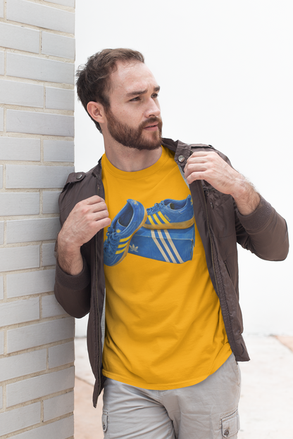 Yellow retro sneaker graphic t-shirt with blue vintage trainer and shoebox print
