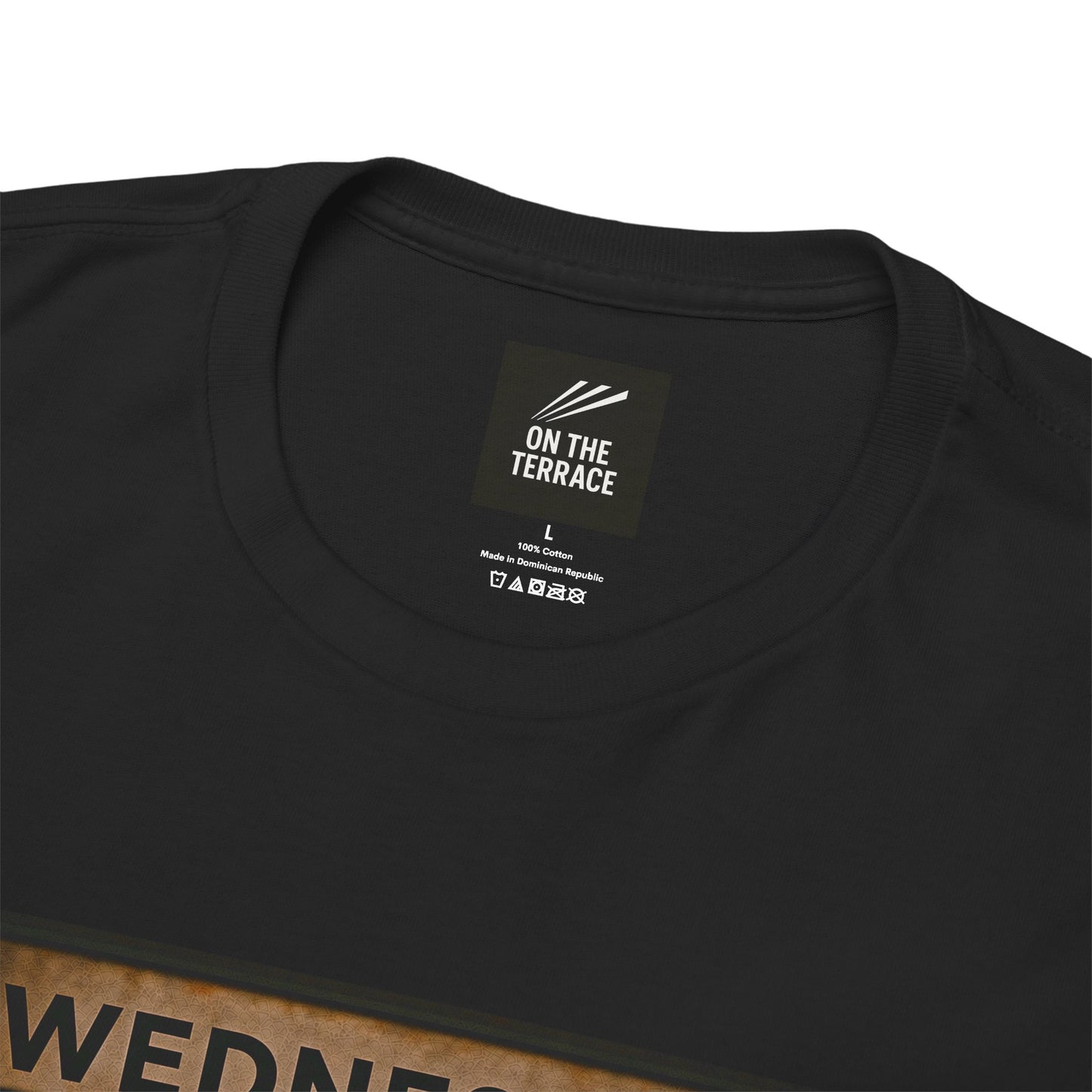 Close-up of a black crewneck swfc t-shirt showing the inner neck label which reads 'ON THE TERRACE'.
