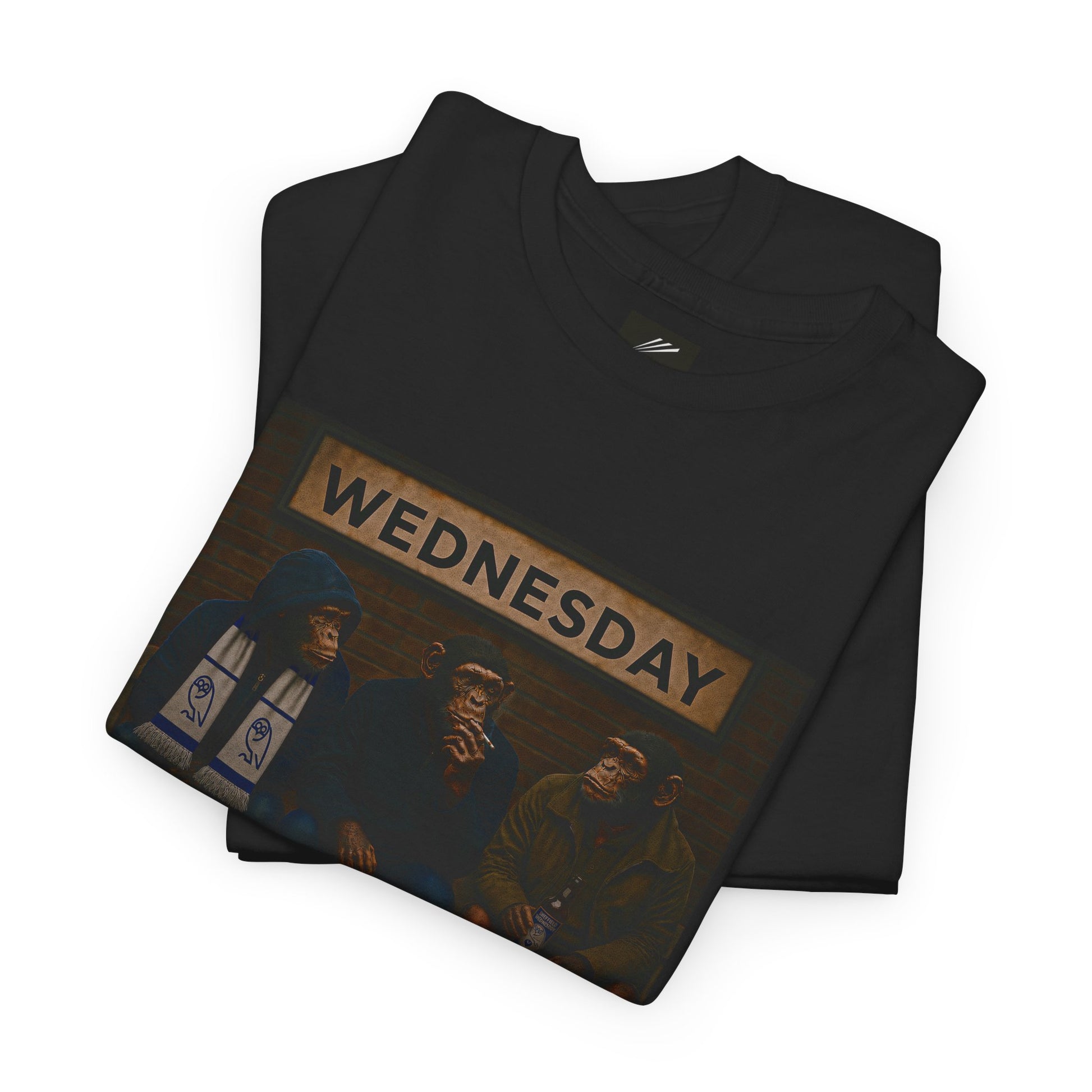 Folded swfc t-shirt with dog-themed graphic and 'Dogs Don't Discriminate' text on a white background