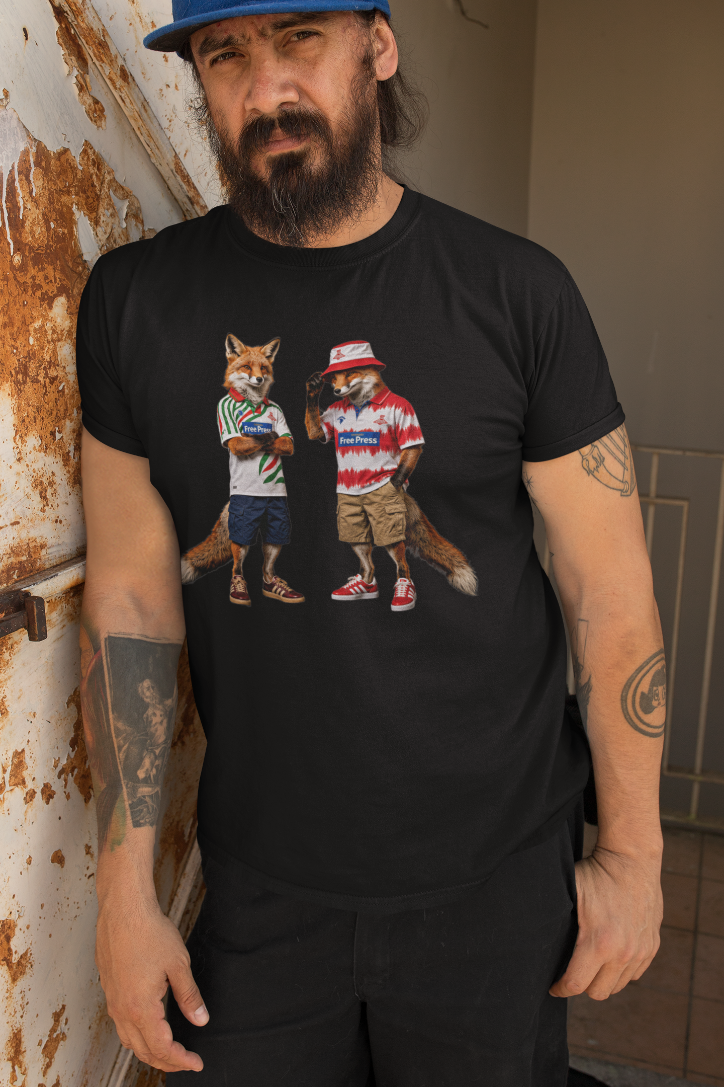 On The Terrace English Foxes black graphic t-shirt featuring retro Doncaster Rovers inspired terrace casuals artwork