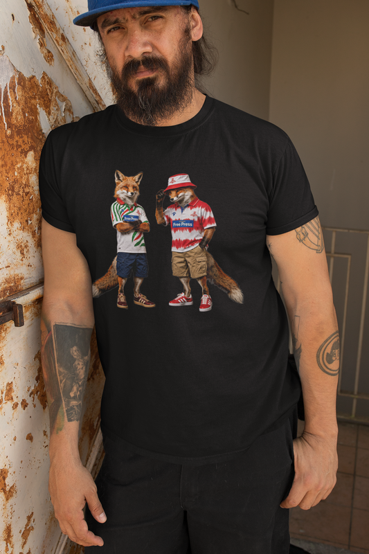 On The Terrace English Foxes black graphic t-shirt featuring retro Doncaster Rovers inspired terrace casuals artwork