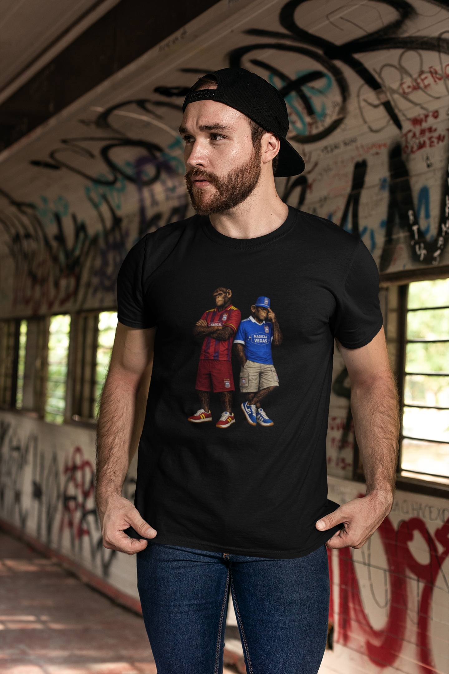 A man wearing a black Ipswich t-shirt with a graphic print of two basketball players, standing in a graffiti-covered tunnel.