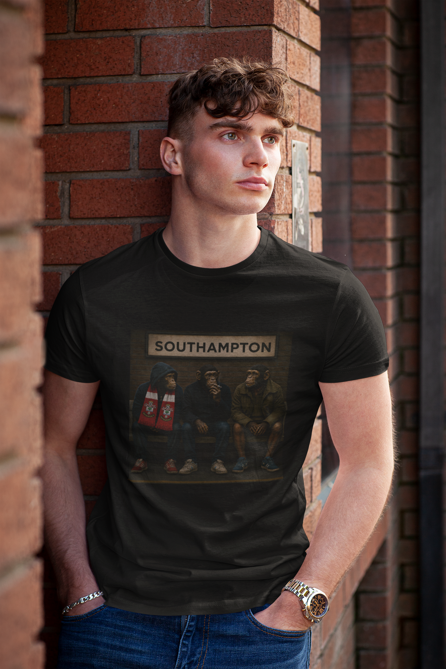A young man with brown hair leans against a red brick wall, wearing a black Southampton t-shirt with a graphic print of the band Southampton and blue jeans.