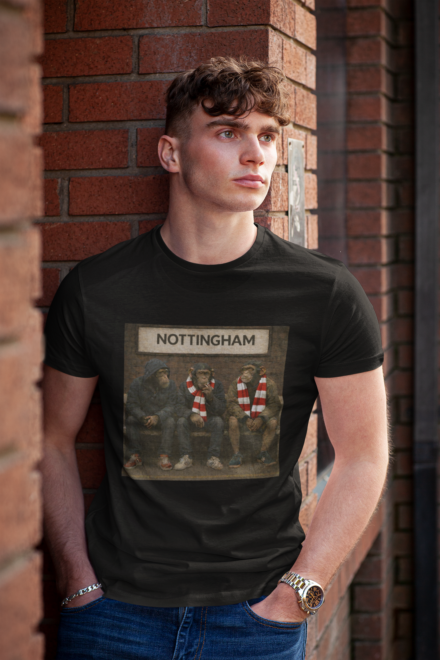 A young man wearing a black graphic Notts Forest t-shirt with a Nottingham club print, leaning against a red brick wall.