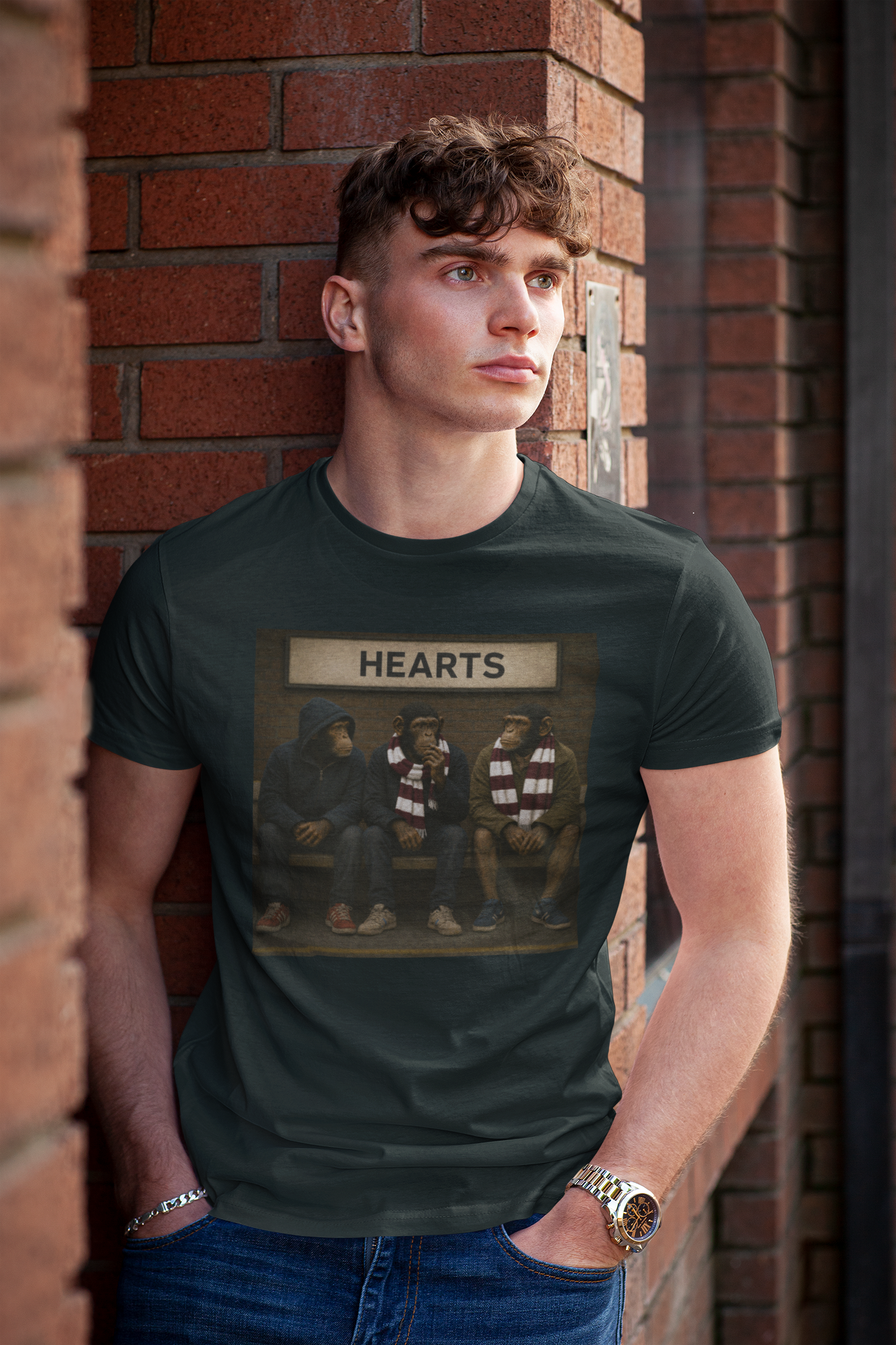 Model wearing a black Hearts terrace T-shirt against a brick wall