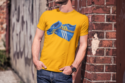 Yellow retro sneaker graphic t-shirt with blue vintage trainer and shoebox print