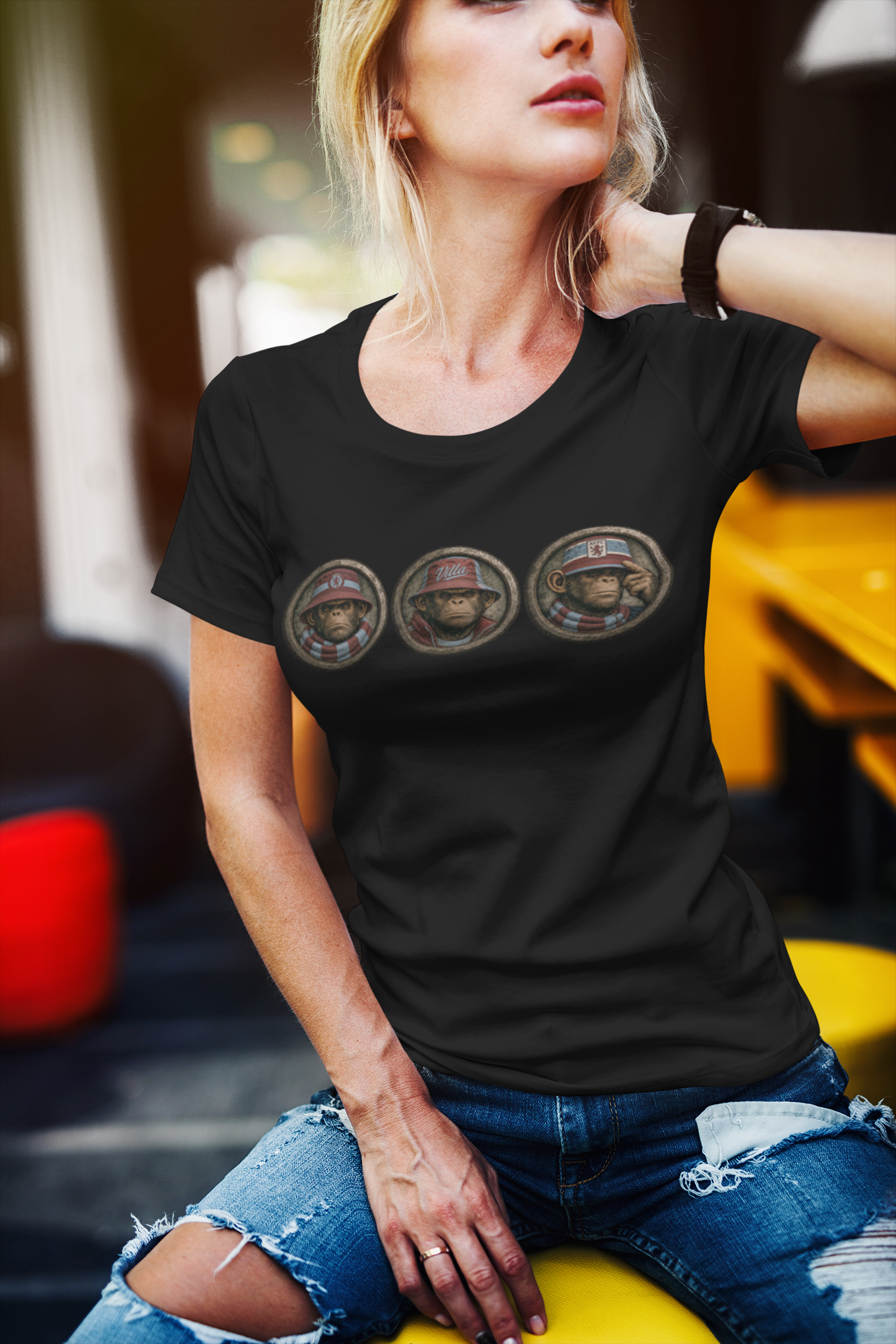 On The Terrace Northern Monkeys black graphic t-shirt featuring retro Aston Villa claret and blue inspired terrace casuals artwork.