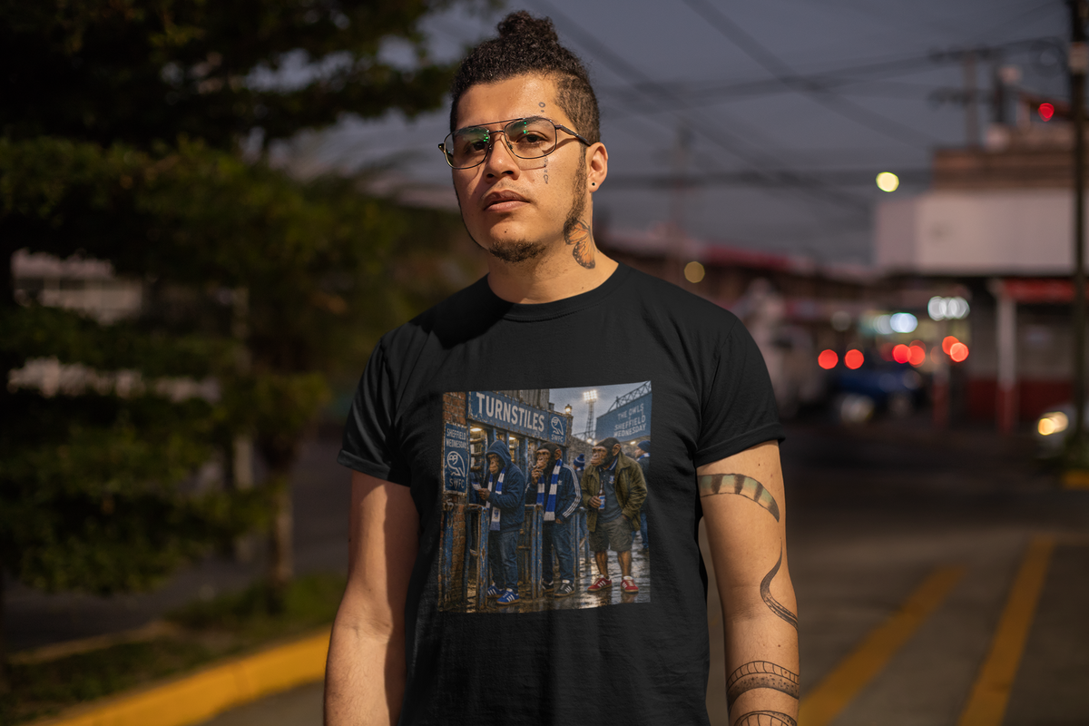 Sheffield Wednesday Turnstiles t-shirt in black styled at night - On The Terrace casual wear