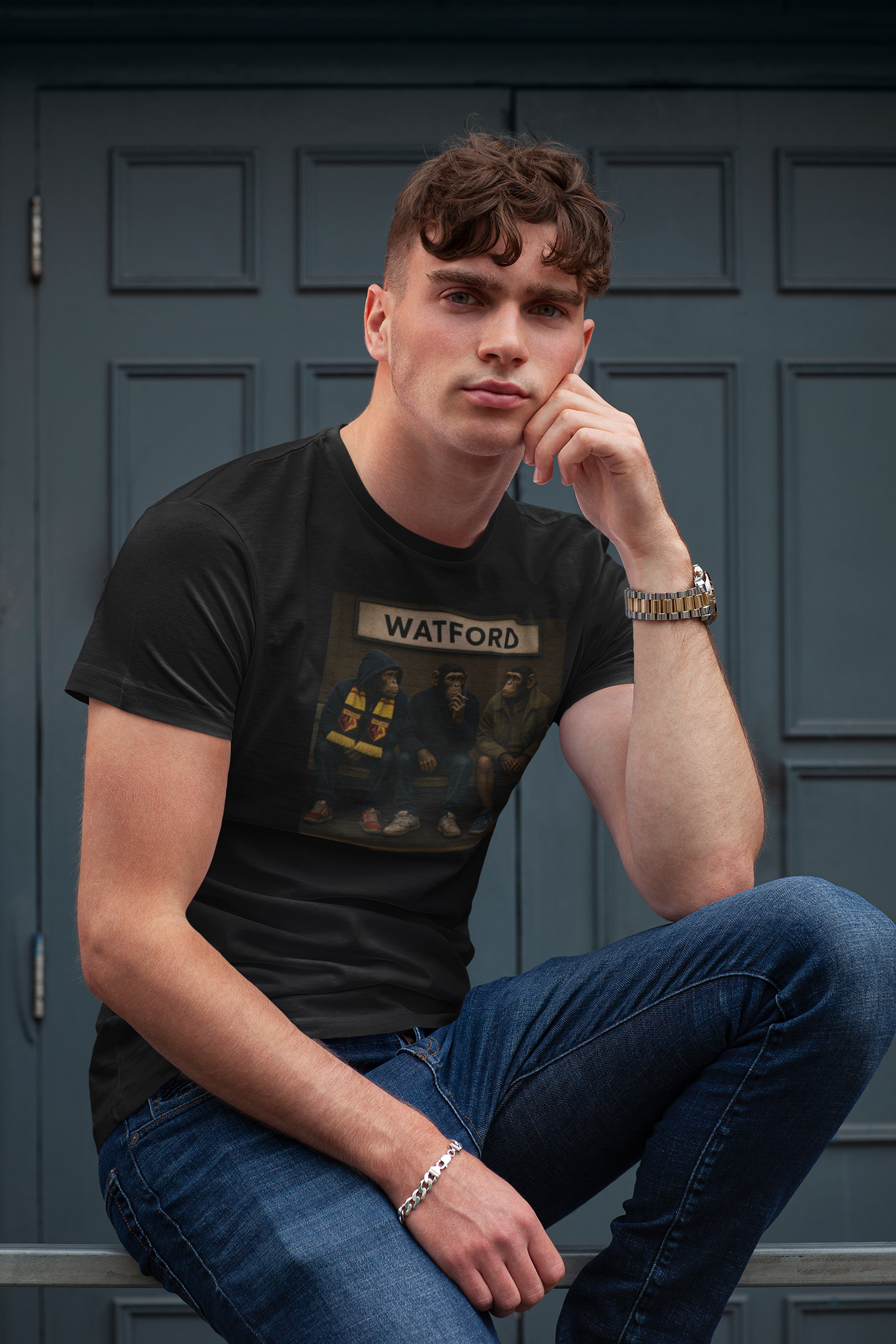 A man wearing a black Watford t-shirt with a Watford print, paired with blue jeans, posing in front of a dark paneled door.