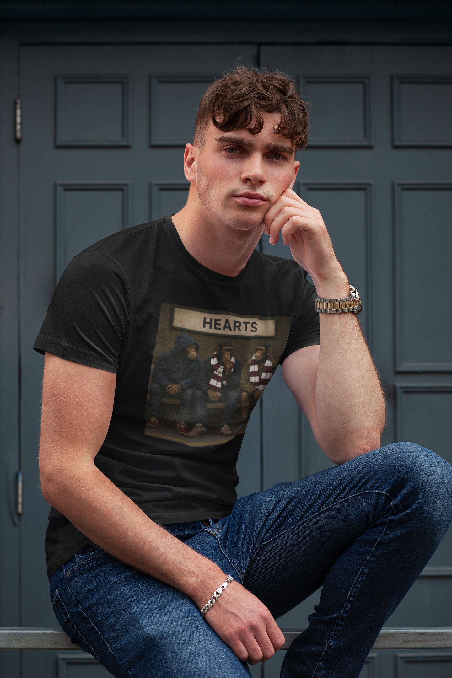 Model wearing the black Heart of Midlothian-inspired Terrace Monkeys T-shirt