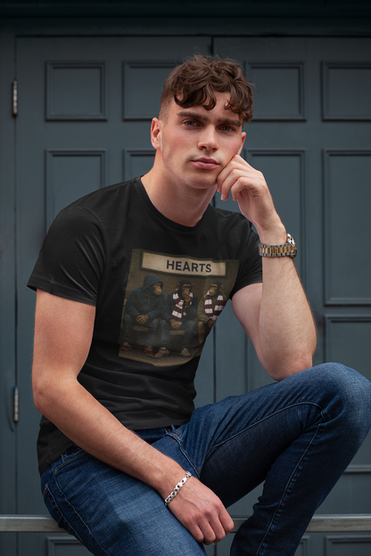Model wearing the black Heart of Midlothian-inspired Terrace Monkeys T-shirt