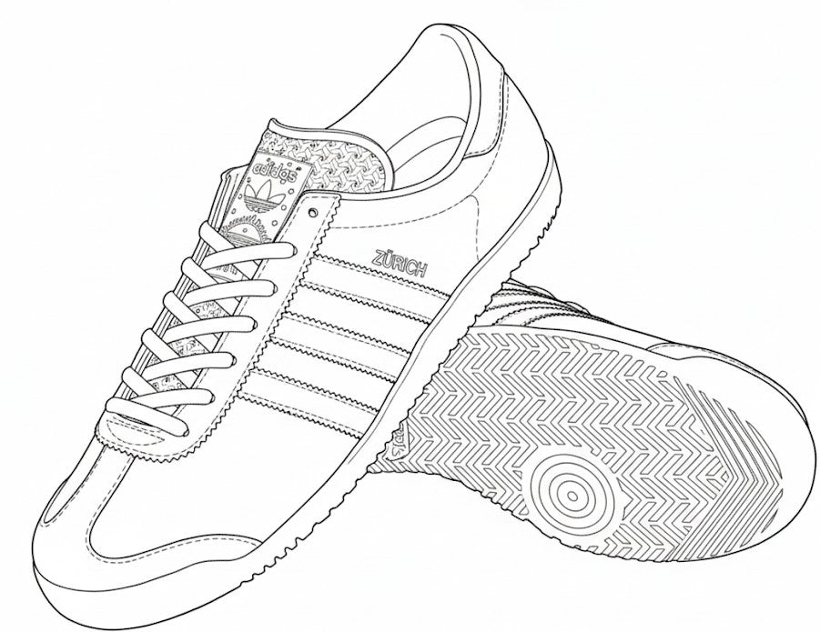 Black and white line drawing of a sneaker with Adidas branding